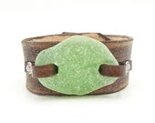 Green beach glass genuine leather cuff bracelet with rhinestones, rustic distressed adjustable leather cuff, boho sea glass jewelry