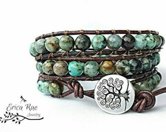 african turquoise leather wrap bracelet, beaded wrap bracelet, leather bracelet, gemstone leather wrap bracelet, tree of life boho bracelet