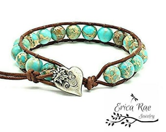leather wrap bracelet, beaded wrap bracelet, gemstone leather wrap bracelet, blue bracelet, sea sediment jasper bracelet, boho wrap bracelet