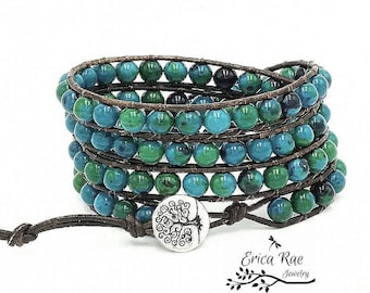 Chrysocolla Azurite leather wrap bracelet, beaded bracelet, leather bracelet, gemstone leather wrap bracelet, tree of life boho bracelet