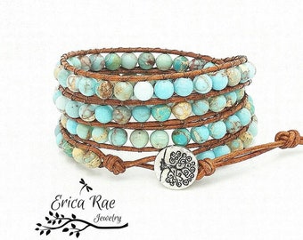 Turquoise leather wrap bracelet, beaded wrap bracelet, gemstone leather wrap bracelet, jasper bracelet, tree of life boho bracelet, beach