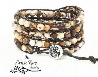 Zebra jasper leather wrap bracelet, beaded wrap bracelet, leather bracelet, gemstone leather wrap bracelet, tree of life boho bracelet