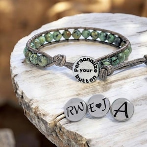 Personalized Gemstone Boho Bracelet: Custom Initial Leather Wrap