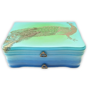 Vintage refinished peacock jewelry box, custom hand painted jewelry armoire organizer holder, best gifts for girlfriend wife and mom