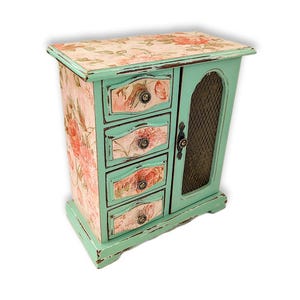 Vintage refinished farmhouse floral jewelry box, custom hand painted jewelry armoire organizer holder, best gifts for girlfriend wife mom