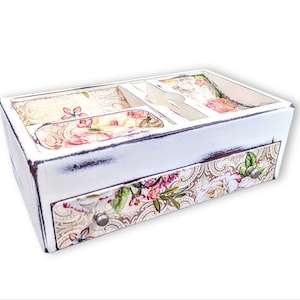 Vintage refinished farmhouse floral jewelry box, custom hand painted jewelry armoire organizer holder, best gifts for girlfriend wife mom