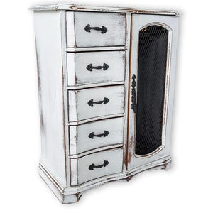 Refinished Farmhouse Jewelry Box: Distressed White Wood Armoire