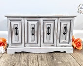 Farmhouse grey distressed finish jewelry box, shabby chic rustic painted refinished music jewelry box, vintage antique trinket box