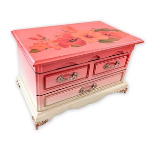 Vintage refinished tropical jewelry box, custom hand painted jewelry armoire organizer holder, best gifts for girlfriend wife and mom
