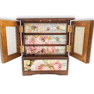Vintage refinished farmhouse floral jewelry box, custom hand painted jewelry armoire organizer holder, best gifts for girlfriend wife mom