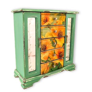 Vintage refinished floral jewelry box, custom hand painted jewelry armoire organizer holder, best gifts for girlfriend wife mom