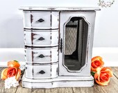 Farmhouse grey distressed finish jewelry box, shabby chic rustic painted refinished jewelry box, vintage antique music box