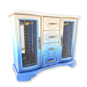Vintage refinished blue ombre jewelry box, custom hand painted jewelry armoire organizer holder, best gifts for girlfriend wife mom
