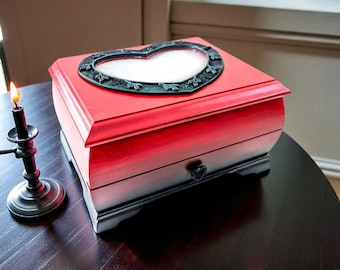 Red and Black Sparkle Jewelry Box: Vintage Heart Photo Frame Armoire