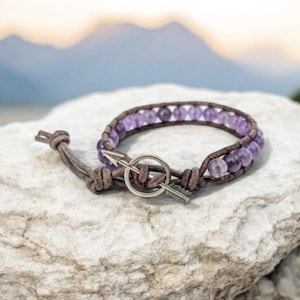 Ametist Ädelstenspärlad Läderarmband, Pilknapp, Herr- och damsmycken