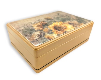 Sunflower jewelry box, custom hand painted gold wood jewelry storage organizer, best holiday gifts for her, mothers day