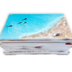 Vintage refinished resin beach jewelry box, custom hand painted jewelry armoire organizer holder, best gifts for girlfriend wife mom