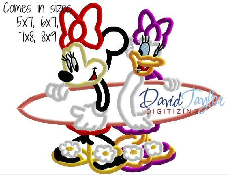 Beach Minnie and Daisy Embroidery Design 5x7, 6x7, 7x8, 8x9 in 9 formats-Applique Instant Download-David Taylor Digitizing image 1