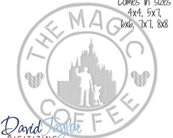 Coffee Walt and Mickey Embroidery Design 4x4, 5x7, 6x6, 7x7, 8x8 in 9 formats-Applique Instant Download-David Taylor Digitizing