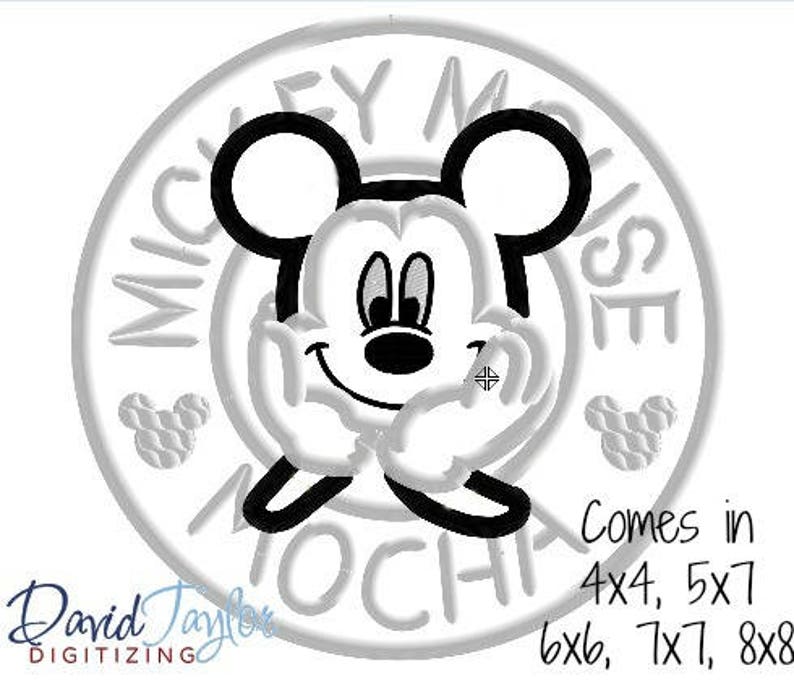 Coffee Mickey Embroidery Design 4x4, 5x7, 6x6, 7x7, 8x8 in 9 formats-Applique Instant Download-David Taylor Digitizing image 1