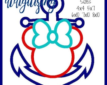 Minnie Head Anchor Applique Embroidery Design 4x4 5x7 6x10 7x10 8x10 9 formats-Instant Download-DTDigitizing DCL Disney Cruise Line Nautical