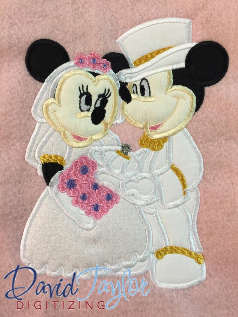 Wedding Mickey and Minnie 5x7, 6x10, and 8x10 in 9 formats Applique Instant Download David Taylor Digitizing image 2