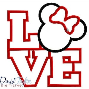 LOVE Minnie Embroidery Design 4x4, 5x7, 6x10 and 8x8 in 9 formats Applique Instant Download David Taylor Digitizing image 1