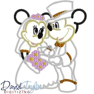 Wedding Mickey and Minnie 5x7, 6x10, and 8x10 in 9 formats Applique Instant Download David Taylor Digitizing image 1