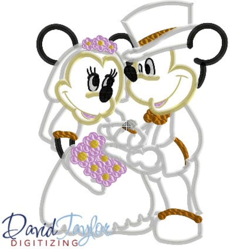 Wedding Mickey and Minnie 5x7, 6x10, and 8x10 in 9 formats Applique Instant Download David Taylor Digitizing image 1