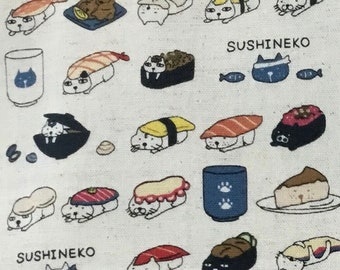 Sold by Fat Quarter cut   Kawaii Sushi Neko cats! Pawsome! Cotton Canvas