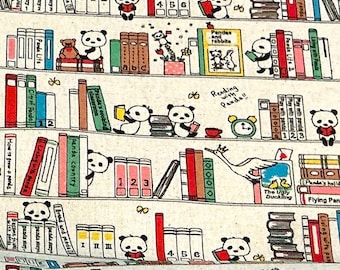 Panda Bears on the bookshelf Cotton Canvas