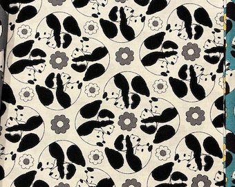 Panda Family Flower Power Gray, White or Blue cotton canvas
