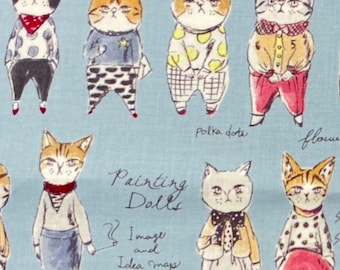 Fashion Cats in 4 colors  Blue White Gray or Green cotton sold by Fat Quarter