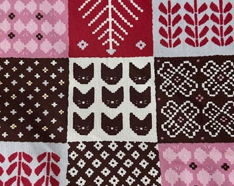 Sold by fat quarter cut  Pink and Brown Fair Isle cat cotton fabric