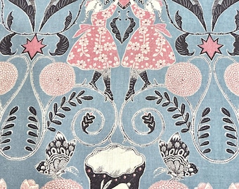 Sold by fat quarter cut  Spring Easter Sewing Tea Party and Rabbit Fairy Tale Pale Blue Cotton linen