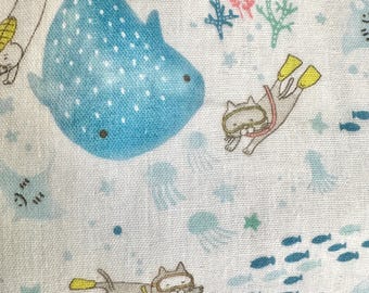 Sold by Fat Quarter cut   Blue whale and cats Gauze Cotton