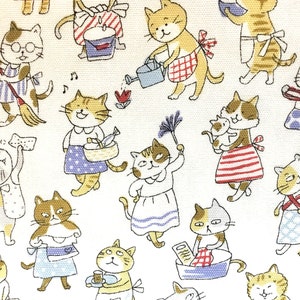 Kitty in the kitchen soft cotton canvas  in off white