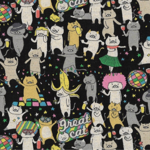 Kawaii Disco Cat  Fabric in Black  All Cotton Ships from USA