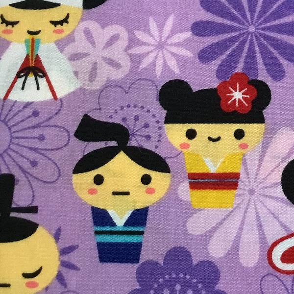 Sale! Kokeshi Dolls cotton fabric in Purple