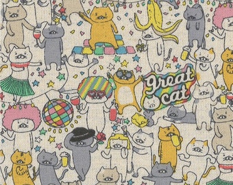Sold by Fat Quarter cut  Catnip Disco Party Cat  Fabric in Natural canvas  All Cotton Ships from USA