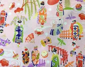 Sold by fat quarter cut Pastel Pink Geisha Maiko all over print  Fabric Ships from USA