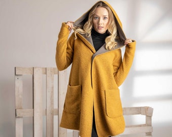 Hooded Wool Cardigan, Short Mustard Cardigan, Plus Size Clothing, Winter Hood Cardigan Coat, Warm Boiled Wool Cardigan, Cardigan Sweater