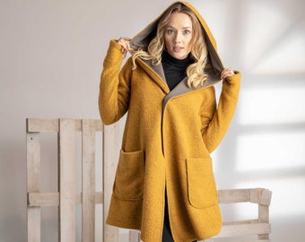 Kapuzen Wolle Strickjacke, kurze Senf Strickjacke, Kleidung in Übergröße, Winter Haube Strickjacke Mantel, Warme gekochte Wolle Strickjacke, Strickjacke