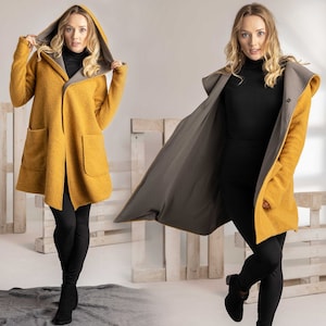 Vest van gekookte wol met capuchon en zakken van NikkaPlace, Elven-jas voor de winter, mosterdtruivest
