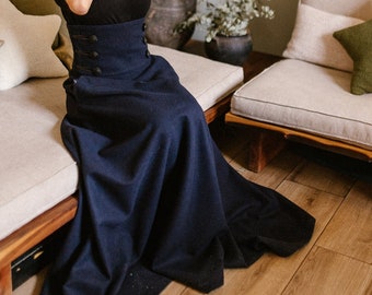 Extra High Waist Dark Blue Woolen Skirt with Buttons & Pockets, Special Occasion Ladies Skirt, Victorian-Inspired Modern Full Circle Skirt