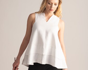 White Linen High Low Blouse, Ruffled Layered Summer Tunic Top