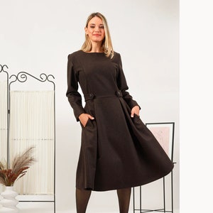 Vintage Inspired Wool Dress, Winter Ladies Dress, Modest Cocktail Dress, Woolen Midi Dress, Minimalist Feminine Dress, Fit and Flare Dress