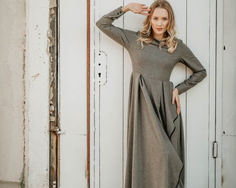 Long Sleeve Maxi Dress for Winter,  Wrap Evening Dress with Belt, Elegant Gray Dress with Ruffles, Pioneer Style Dress