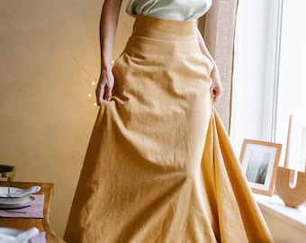 High Waist Vintage Inspired Linen Skirt, Flowy Bohemian Summer Outdoor Wedding Guest Outfit, Light 1950s Style Modest Skirt