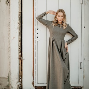 Long Sleeve Maxi Dress for Winter,  Wrap Evening Dress with Belt, Elegant Gray Dress with Ruffles, Pioneer Style Dress
